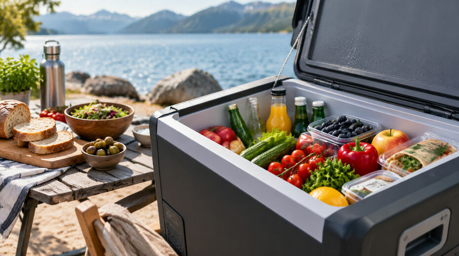 Elektrische Kühlbox mit frischen Lebensmitteln